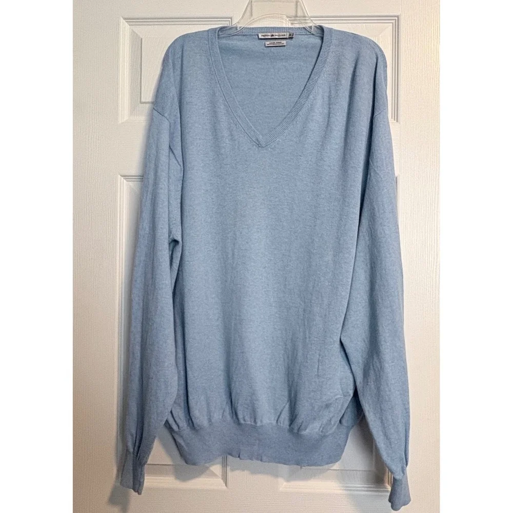 Peter Millar‎ Sweater Mens XL Light Blue Cotton Cashmere Blend V-Neck Luxury